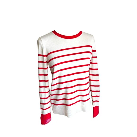 LOFT Red & White Striped Pullover Sweater Crew Neck Button Cuff Size S - Picture 2 of 8